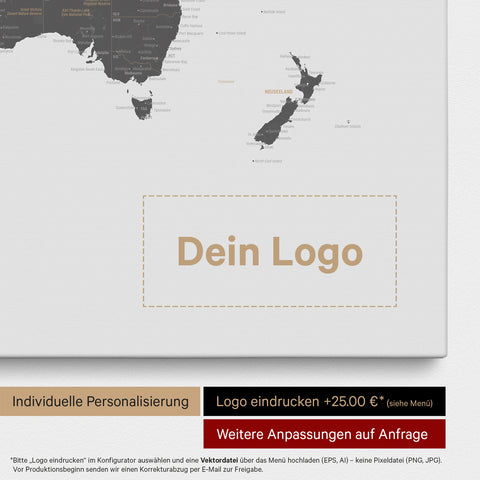Weltkarte als Pinn-Leinwand in Light Gray, auf die ein Firmenlogo eingedruckt werden kann und weitere Individualisierungen als Sonderanfertigung vorgenommen werden können