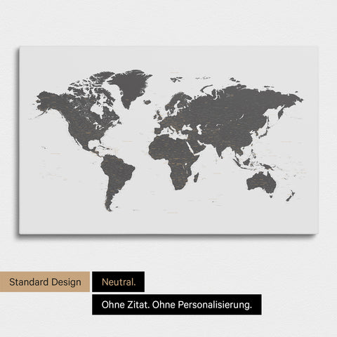 Neutrale und schlichte Ausführung einer Weltkarte als Pinn-Leinwand in Light Gray ohne Personalisierung