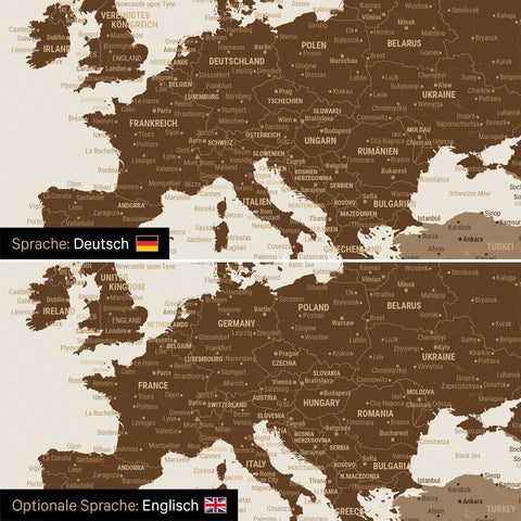 Vergleich einer Weltkarte Leinwand in Multicolor Brown in deutscher oder optional in englischer Sprache