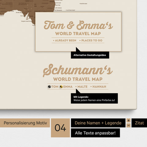Pinnwand Leinwand einer Weltkarte in Multicolor Brown mit Personalisierung als Logo mit Familiennamen und Legende
