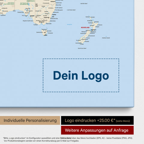 Weltkarte als Pinn-Leinwand in Oliv-Grün, auf die ein Firmenlogo eingedruckt werden kann und weitere Individualisierungen als Sonderanfertigung vorgenommen werden können