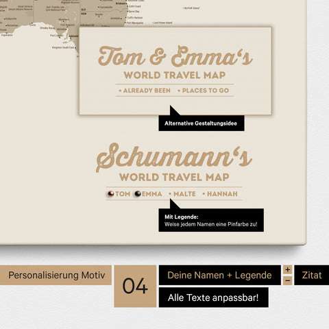 Pinnwand Leinwand einer Weltkarte in Multicolor Matt mit Personalisierung als Logo mit Familiennamen und Legende