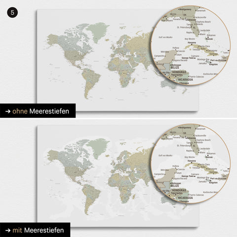World map in multicolor sage with two-dimensional sea depths