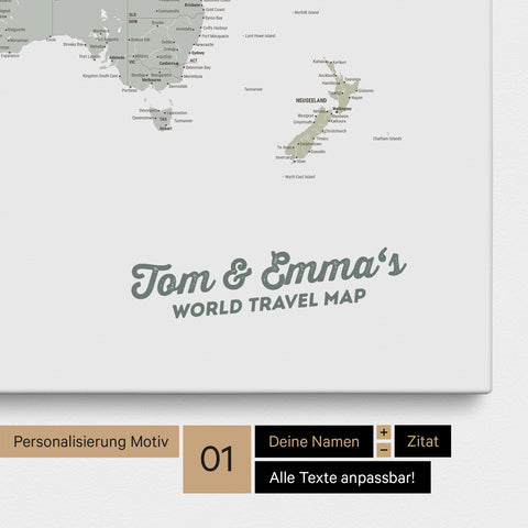 World map as a pinboard canvas in multicolor sage with personalization and imprint of your name