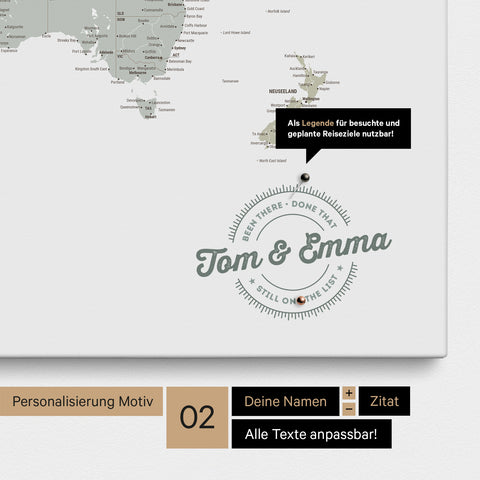 Personalized world map as a pinboard canvas in multicolor sage with printed names and a legend for marking visited places