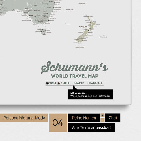 Pinboard canvas of a world map in multicolor sage with personalization as a logo with family name and legend