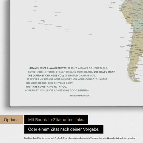 World map in multicolor sage with a printed quote from Anthony Bourdain, which can be replaced with any other quote during personalization