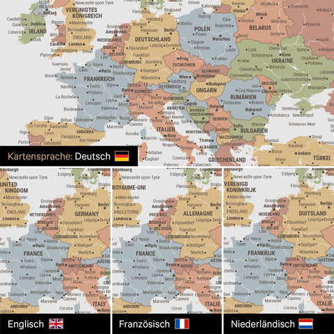 Comparaison d'une carte du monde sur toile en Multicolor Sienna en allemand ou, en option, en anglais, français ou néerlandais