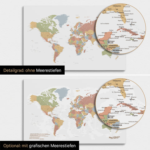 Carte du monde en multicolore Sienne avec profondeurs marines bidimensionnelles