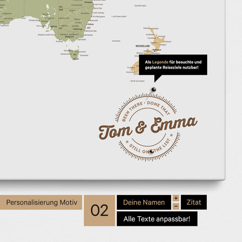 Carte du monde personnalisée en toile tableau d'affichage multicolore Sienne avec noms imprimés et une légende pour marquer les lieux visités
