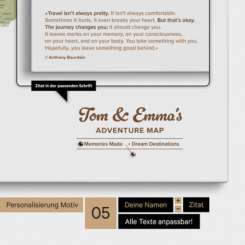 Carte du monde en Carte à épingles vert olive, sur laquelle un logo d'entreprise peut être imprimé et d'autres personnalisations peuvent être réalisées en tant que fabrication spéciale