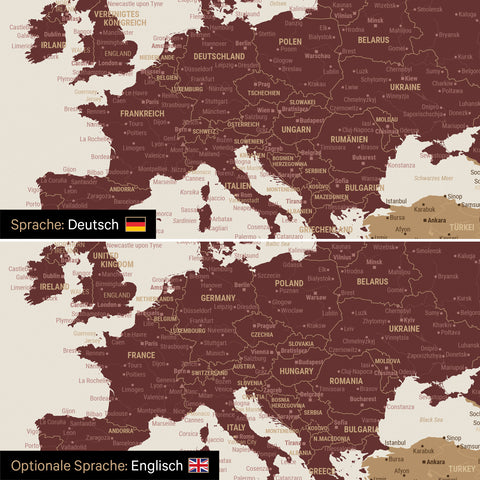 Vergleich einer Weltkarte Leinwand in Multicolor Vivid in deutscher oder optional in englischer Sprache