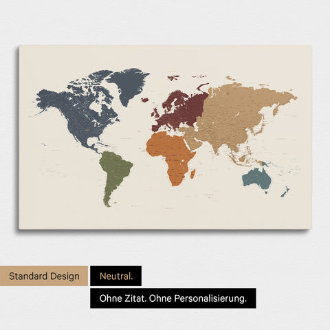 Neutrale und schlichte Ausführung einer Weltkarte als Pinn-Leinwand in Multicolor Vivid ohne Personalisierung