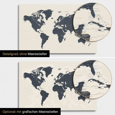 Weltkarte in Navy Light mit zweidimensionalen Meerestiefen