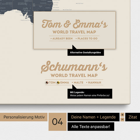 Pinnwand Leinwand einer Weltkarte in Navy Light mit Personalisierung als Logo mit Familiennamen und Legende