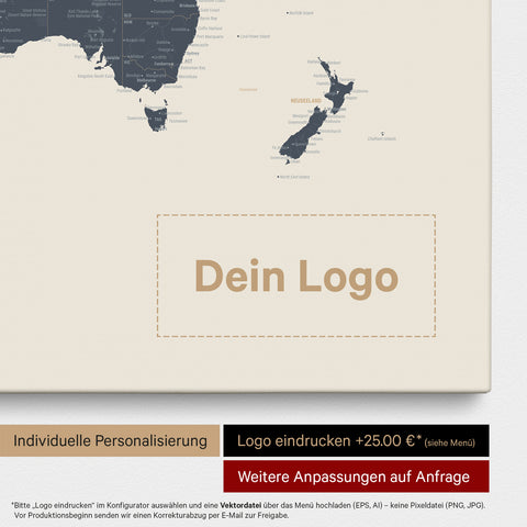 Weltkarte als Pinn-Leinwand in Navy Light, auf die ein Firmenlogo eingedruckt werden kann und weitere Individualisierungen als Sonderanfertigung vorgenommen werden können