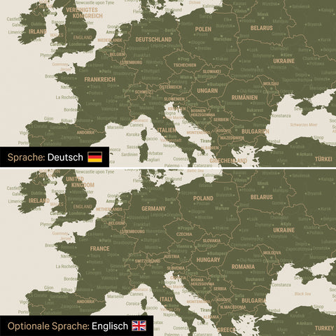 Vergleich einer Weltkarte Leinwand in Oliv-Grün in deutscher oder optional in englischer Sprache