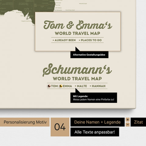 Pinnwand Leinwand einer Weltkarte in Oliv-Grün mit Personalisierung als Logo mit Familiennamen und Legende