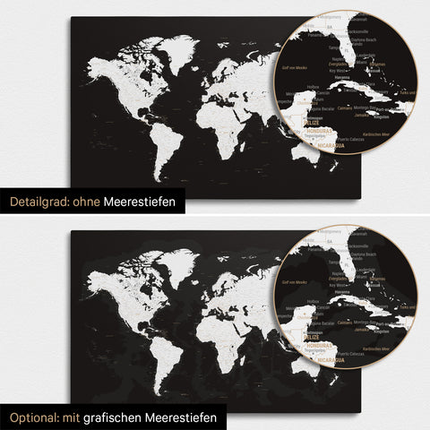 Weltkarte in Schwarz-Weiß mit zweidimensionalen Meerestiefen