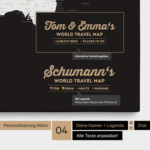 Pinnwand Leinwand einer Weltkarte in Schwarz-Weiß mit Personalisierung als Logo mit Familiennamen und Legende