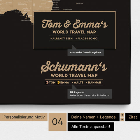 Pinnwand Leinwand einer Weltkarte in Sonar Black (Schwarz-Gold) mit Personalisierung als Logo mit Familiennamen und Legende