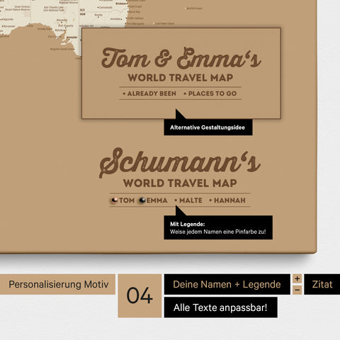 Pinnwand Leinwand einer Weltkarte in Treasure Gold mit Personalisierung als Logo mit Familiennamen und Legende