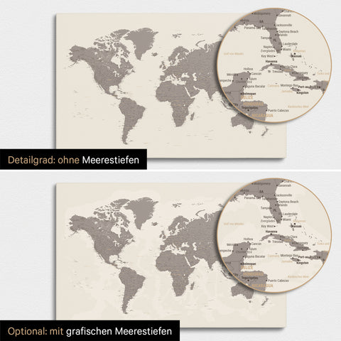 Weltkarte in Warmgray (Braun-Grau) mit zweidimensionalen Meerestiefen