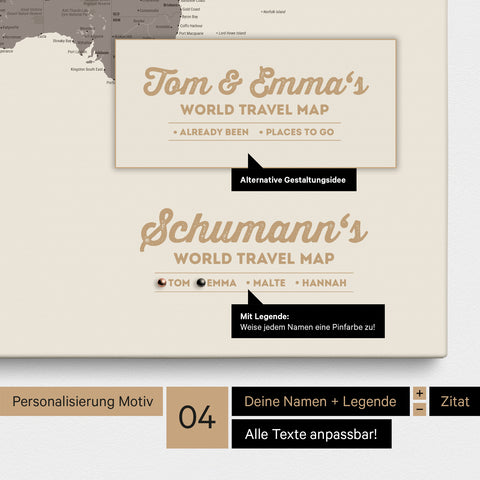 Pinnwand Leinwand einer Weltkarte in Warmgray (Braun-Grau) mit Personalisierung als Logo mit Familiennamen und Legende