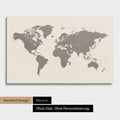 Neutrale und schlichte Ausführung einer Weltkarte als Pinn-Leinwand in Warmgray (Braun-Grau) ohne Personalisierung