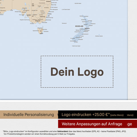 Weltkarte mit Antarktis als Pinn-Leinwand in Multicolor Atlas mit Logo-Eindruck für Unternehmen