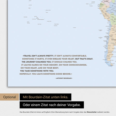 Magnetische Weltkarte in Multicolor Atlas mit eingedrucktem Zitat von Anthony Bourdain