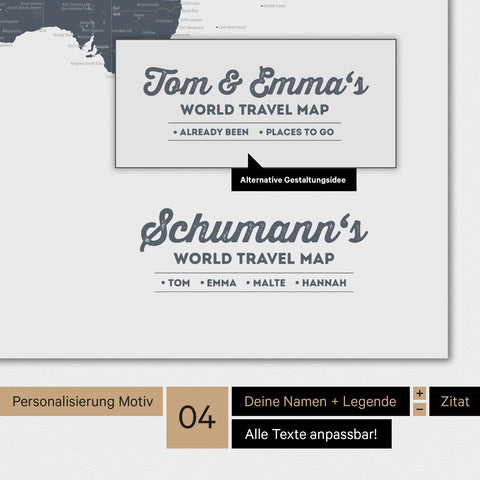 Poster Weltkarte in Denim Blue mit Personalisierung als Familien-Logo