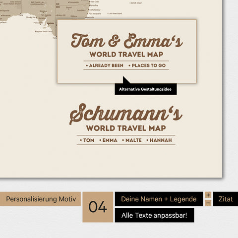 Poster Weltkarte in Desert Sand (Beige) mit Personalisierung als Familien-Logo
