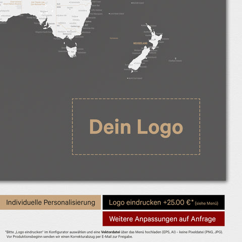 Weltkarte Poster in Dunkelgrau mit eingedrucktem Firmenlogo