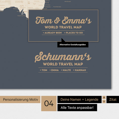 Poster Weltkarte in Hale Navy (Dunkelblau-Gold) mit Personalisierung als Familien-Logo