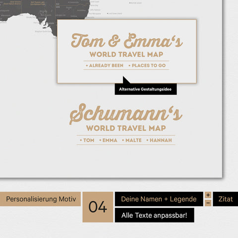 Poster Weltkarte in Light Black mit Personalisierung als Familien-Logo