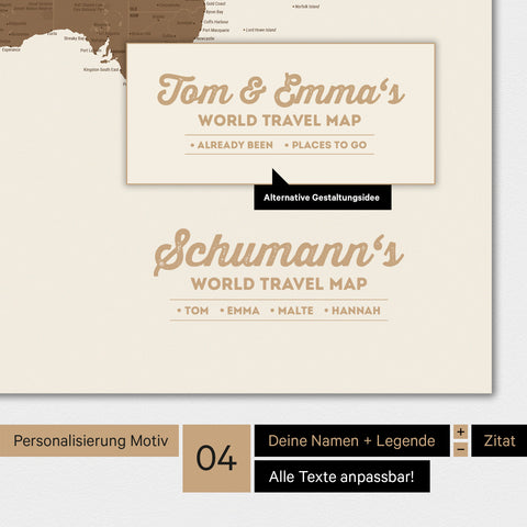 Poster Weltkarte in Multicolor Braun mit Personalisierung als Familien-Logo