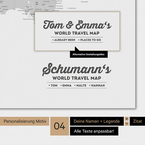 Poster Weltkarte in Multicolor Grau mit Personalisierung als Familien-Logo