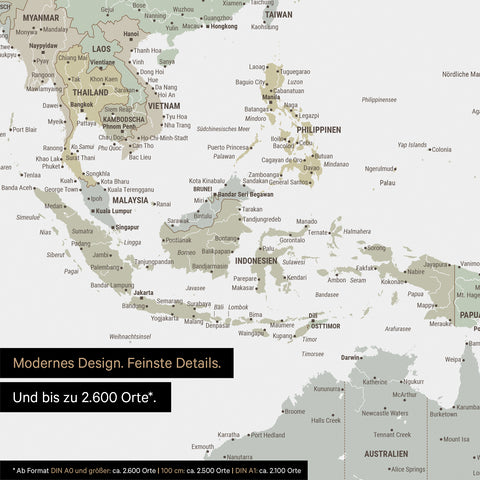 Section of world map poster in multicolor sage showing maps of Asia