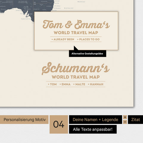 Poster Weltkarte in Navy Light mit Personalisierung als Familien-Logo