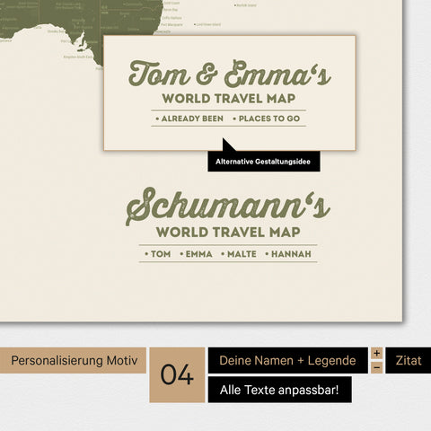 Poster Weltkarte in Oliv-Grün mit Personalisierung als Familien-Logo