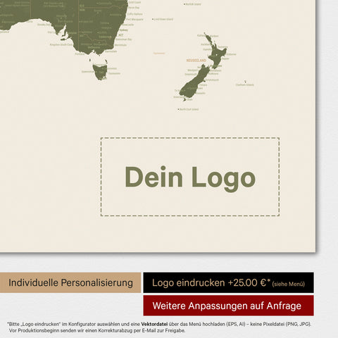 Weltkarte Poster in Oliv-Grün mit eingedrucktem Firmenlogo