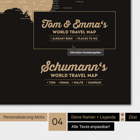 Poster Weltkarte in Sonar Black (Schwarz-Gold) mit Personalisierung als Familien-Logo