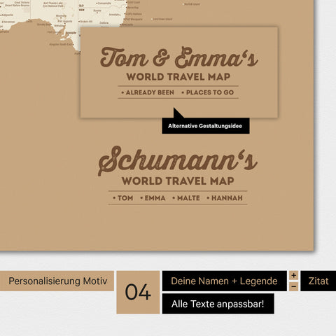 Poster Weltkarte in Treasure Gold mit Personalisierung als Familien-Logo