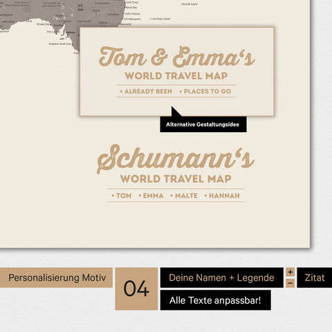 Poster Weltkarte in Warmgray (Braun-Grau) mit Personalisierung als Familien-Logo