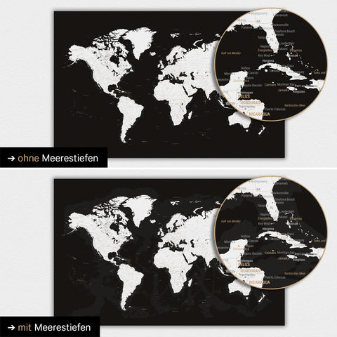 Carte du monde en noir et blanc avec profondeurs marines en deux dimensions