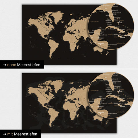 Carte du monde en couleur Sonar Black (noir et or) avec profondeurs marines bidimensionnelles