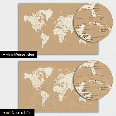 Carte du monde en couleur Treasure Gold avec profondeurs marines bidimensionnelles