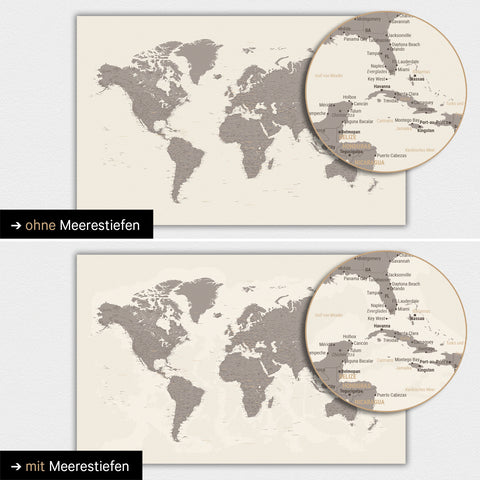 Carte du monde en couleur Warmgray (brun-gris) avec profondeurs marines bidimensionnelles