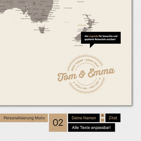 Motif alternatif pour une personnalisation avec ton nom sur une carte du monde en couleur Warmgray (brun-gris)